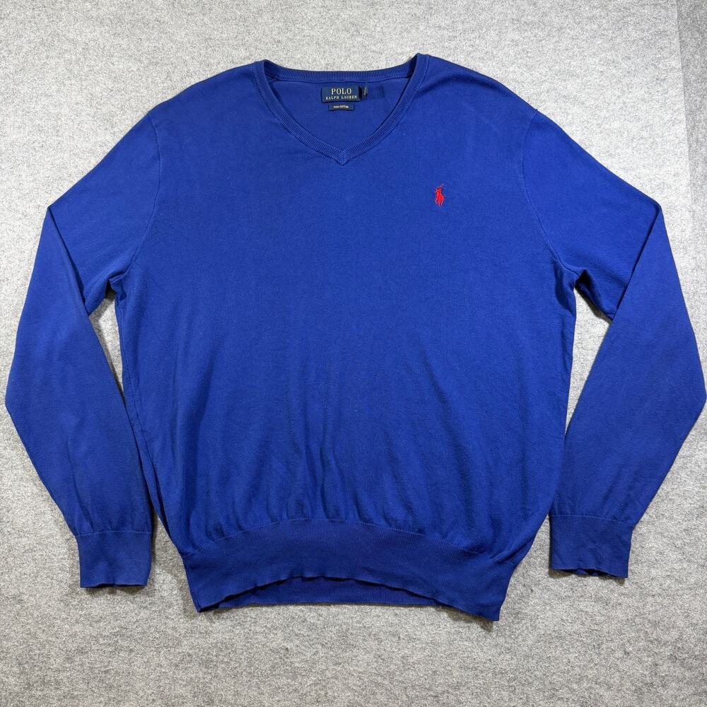 Polo Ralph Lauren Sweater Mens L Blue Pima Cotton V-Neck Pony Preppy Fall